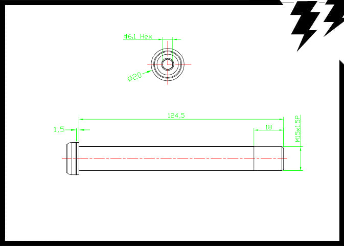 SRAM STYLE ROAD FRONT THRU AXLE 15mm X 100mm(axle)/L. 124.5mm  X 1.5MM 31G (T12)